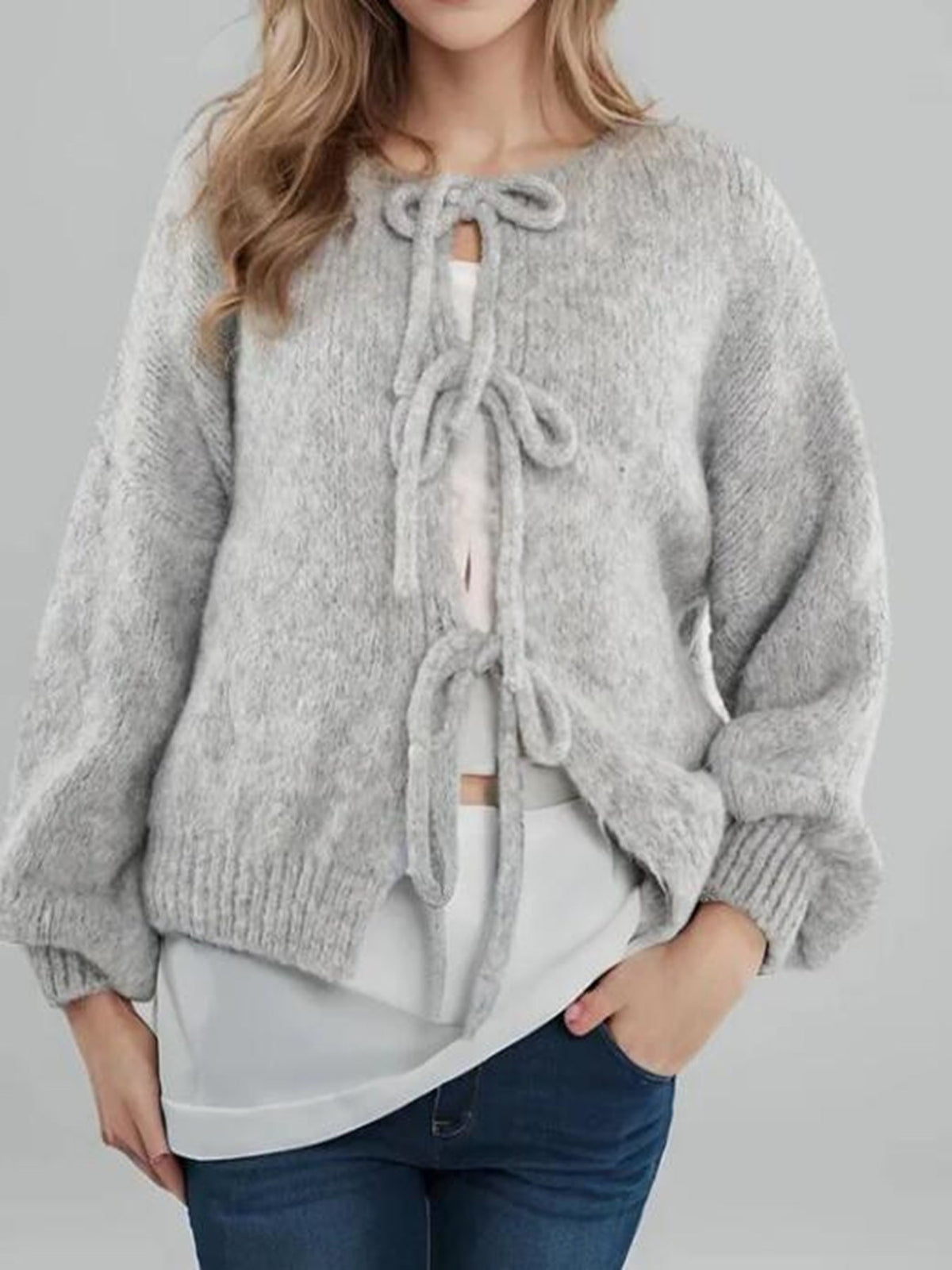 Bow Tie Front Cottagecore Cardigan — Lantern Sleeve-2
