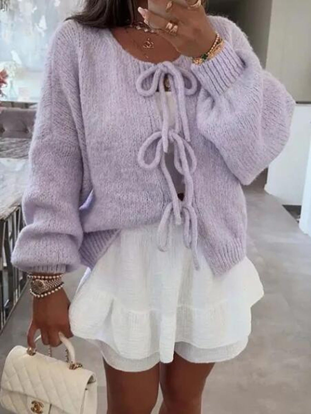 Bow Tie Front Cottagecore Cardigan — Lantern Sleeve-1