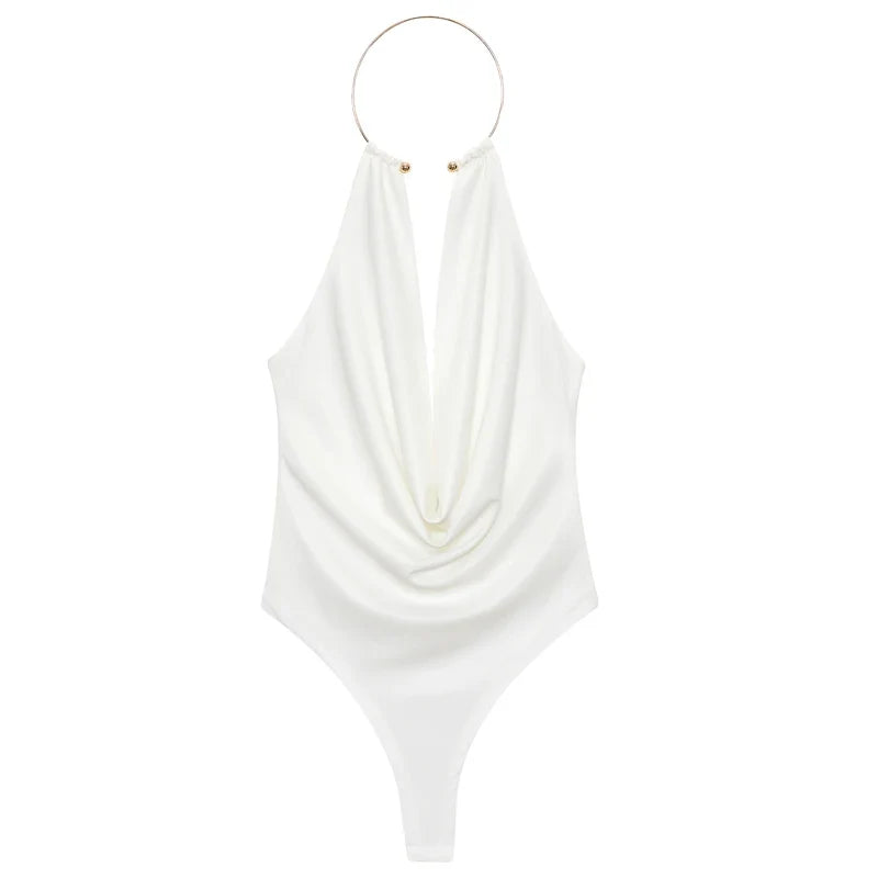 HXAO Brown Halter Bodysuit Women Summer Bodys For Sexy Women Off Shoulder Sleeveless Thong Bodysuit With Open Back Rave Bodysuit