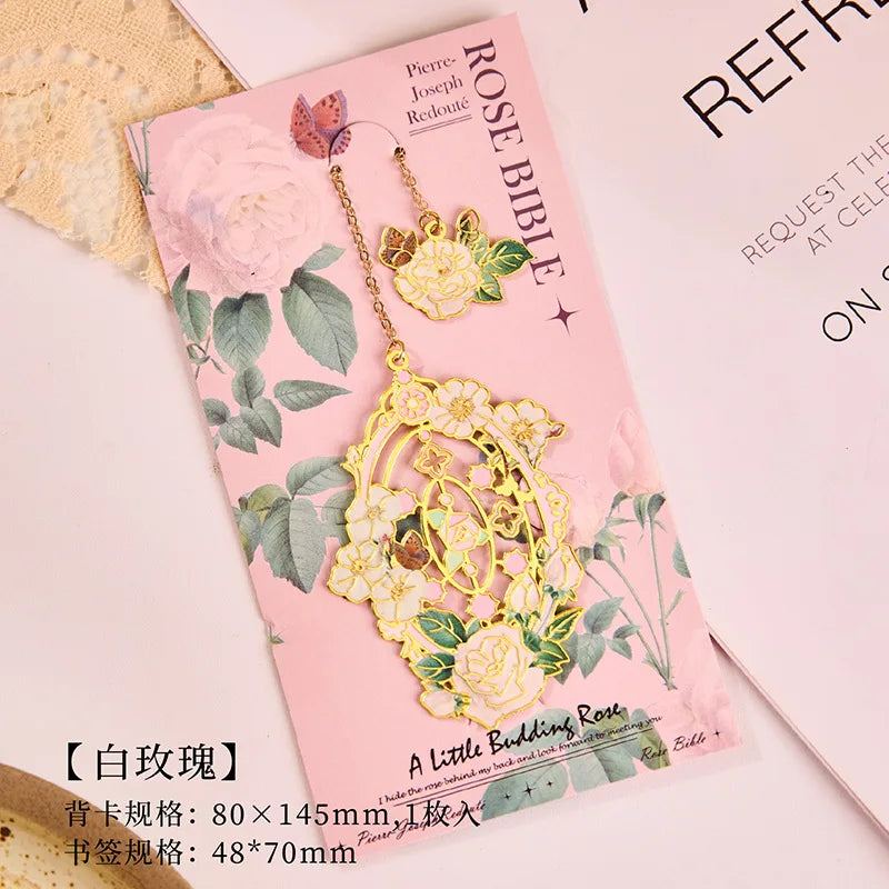 Retro Metal Aesthetic Rose Bookmark Pendant Chinese