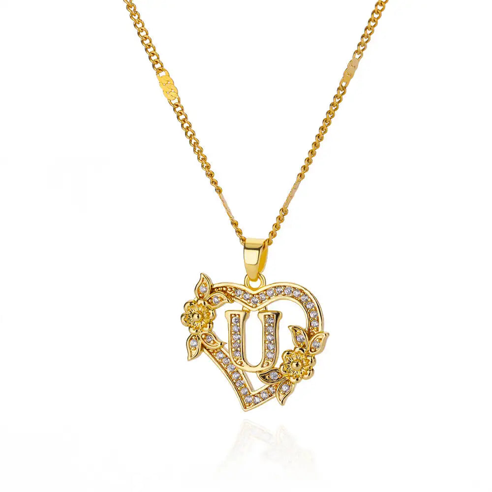 Zircon Flower Heart Initial Necklace