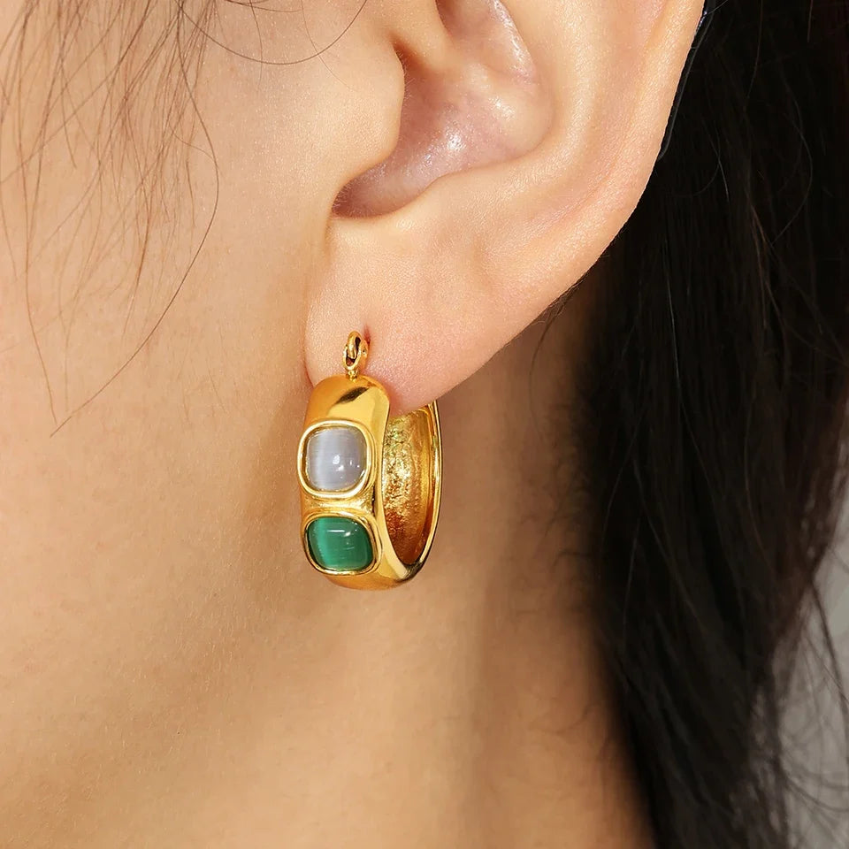 Vintage Green Stone Hoop Earrings