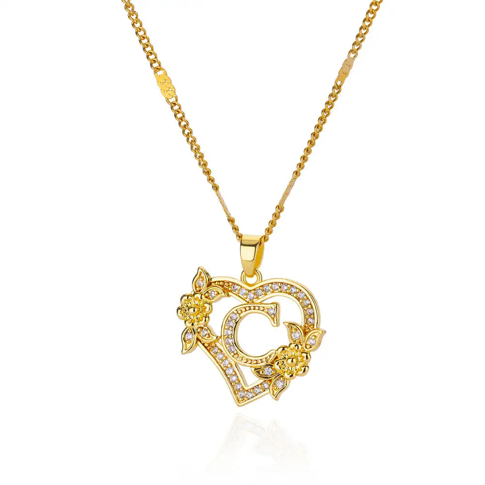 Zircon Flower Heart Initial Necklace