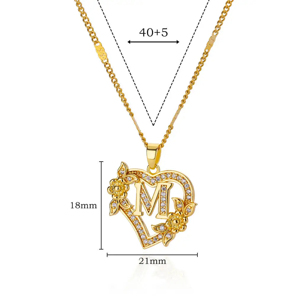Zircon Flower Heart Initial Necklace