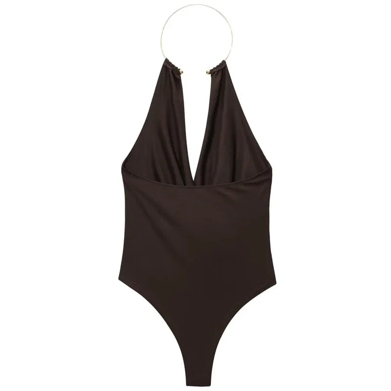 HXAO Brown Halter Bodysuit Women Summer Bodys For Sexy Women Off Shoulder Sleeveless Thong Bodysuit With Open Back Rave Bodysuit