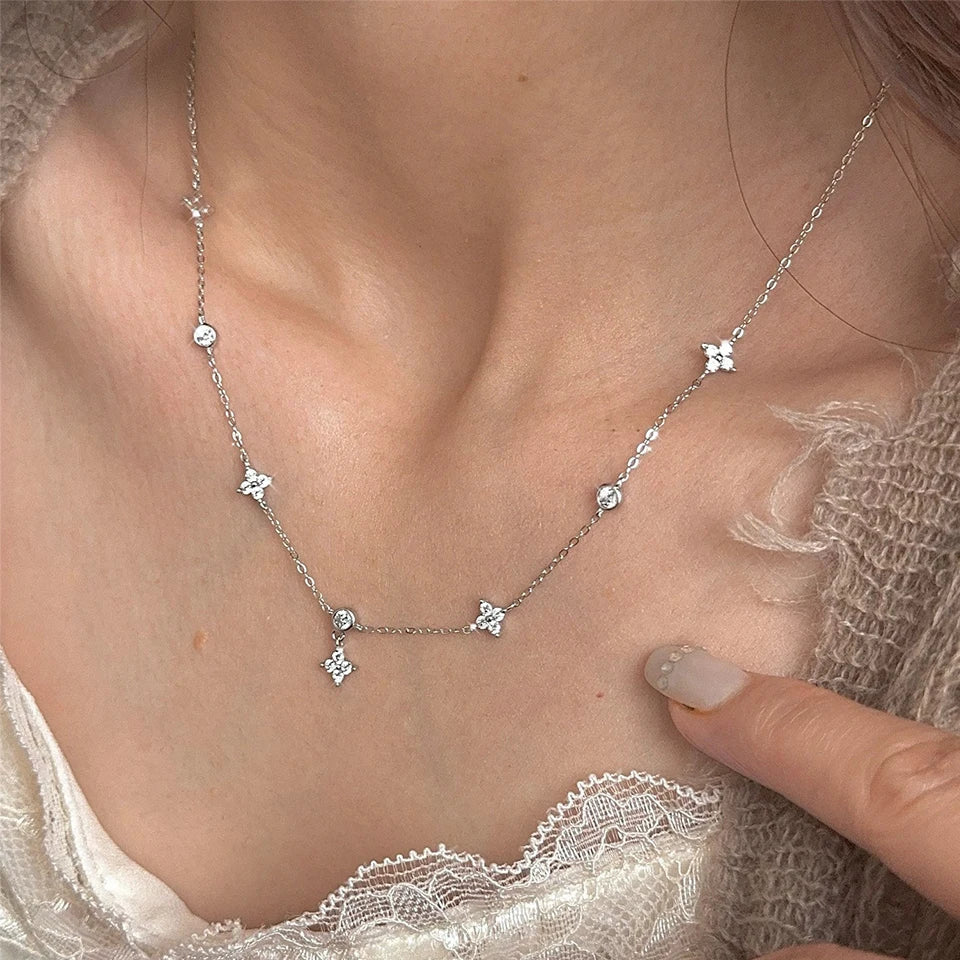 Zircon Four-Leaf Flower Chain Necklace