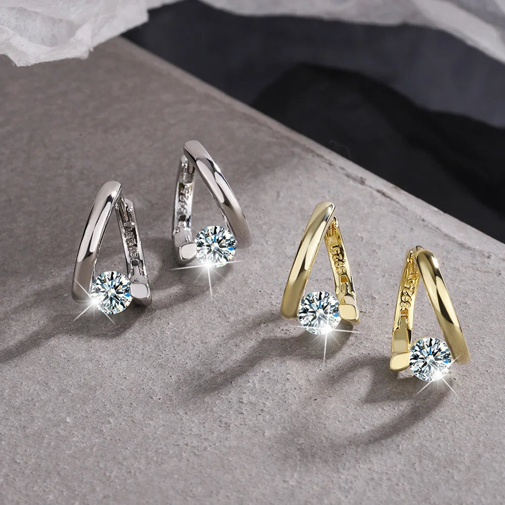 925 Sterling Silver Gold Crystals Simple Earrings For Women Fashion Wedding Luxury Jewelry 2024 Trend