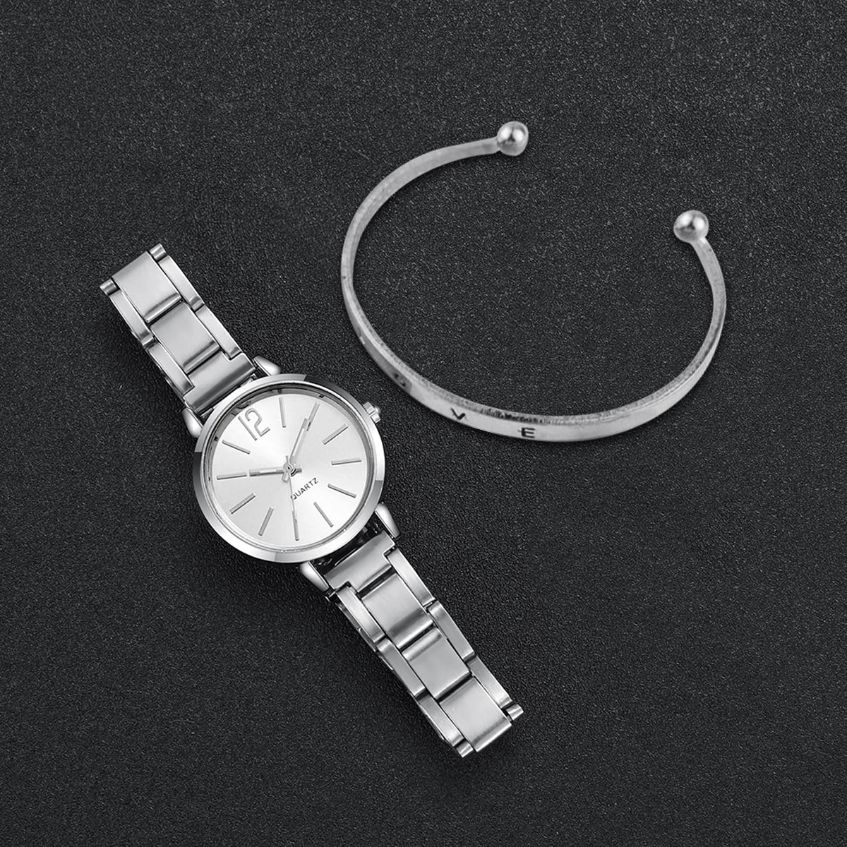 2PCS Fashion Womens Watches Opening Cuff Bracelet Set Gold Simple Round Ladies Quartz Wristwatch Reloj Mujer