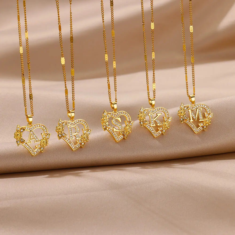 Zircon Flower Heart Initial Necklace