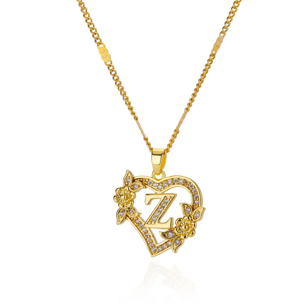 Zircon Flower Heart Initial Necklace