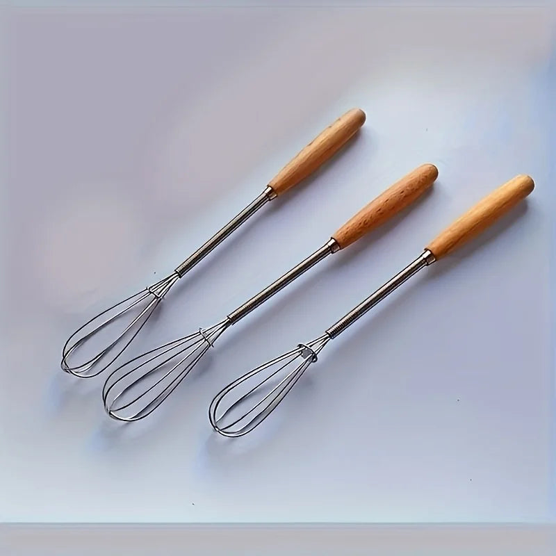 /3pcs Set of Whisks with Solid Wood Handles | Stainless Steel Kitchen Whisk and Cream Mixer