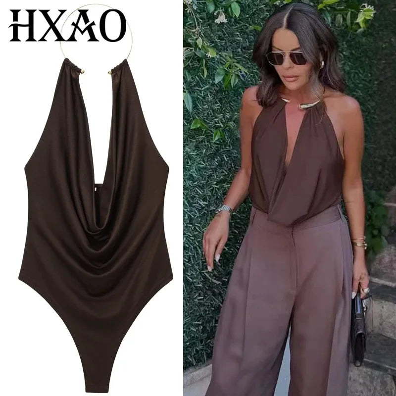 HXAO Brown Halter Bodysuit Women Summer Bodys For Sexy Women Off Shoulder Sleeveless Thong Bodysuit With Open Back Rave Bodysuit