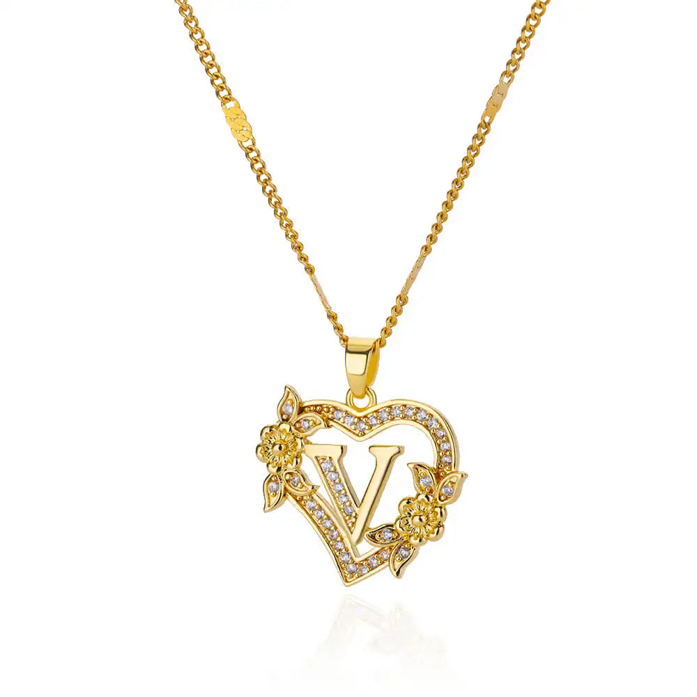 Zircon Flower Heart Initial Necklace