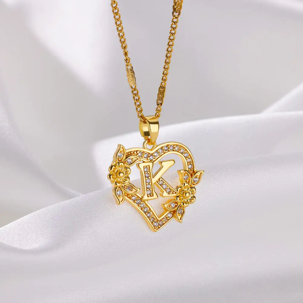 Zircon Flower Heart Initial Necklace