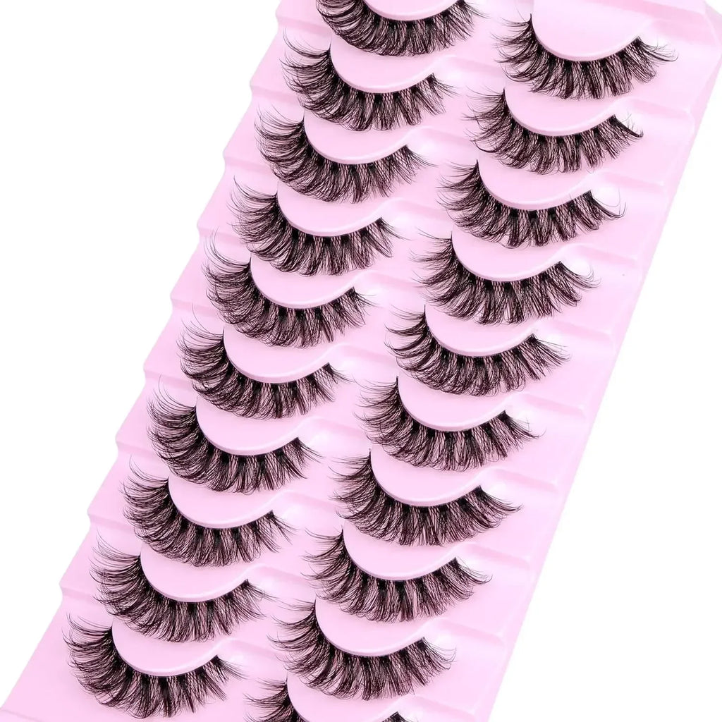 10 Pairs Natural Fluffy False Eyelashes | Wispy 3D Volume Strip Lashes with Clear Band