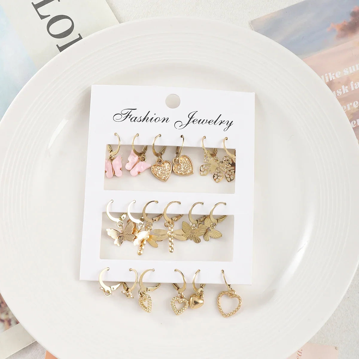 9 Pairs/ Set Exquisite Butterfly Heart Dragonfly Design Dangle Earrings Simple Vacation Style Delicate Holiday Earrings