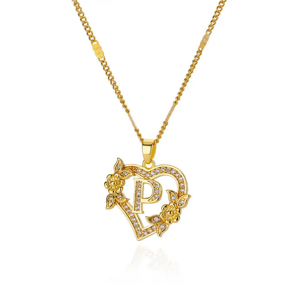 Zircon Flower Heart Initial Necklace