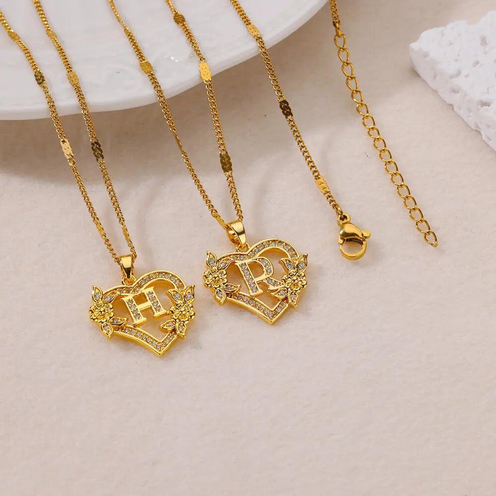Zircon Flower Heart Initial Necklace