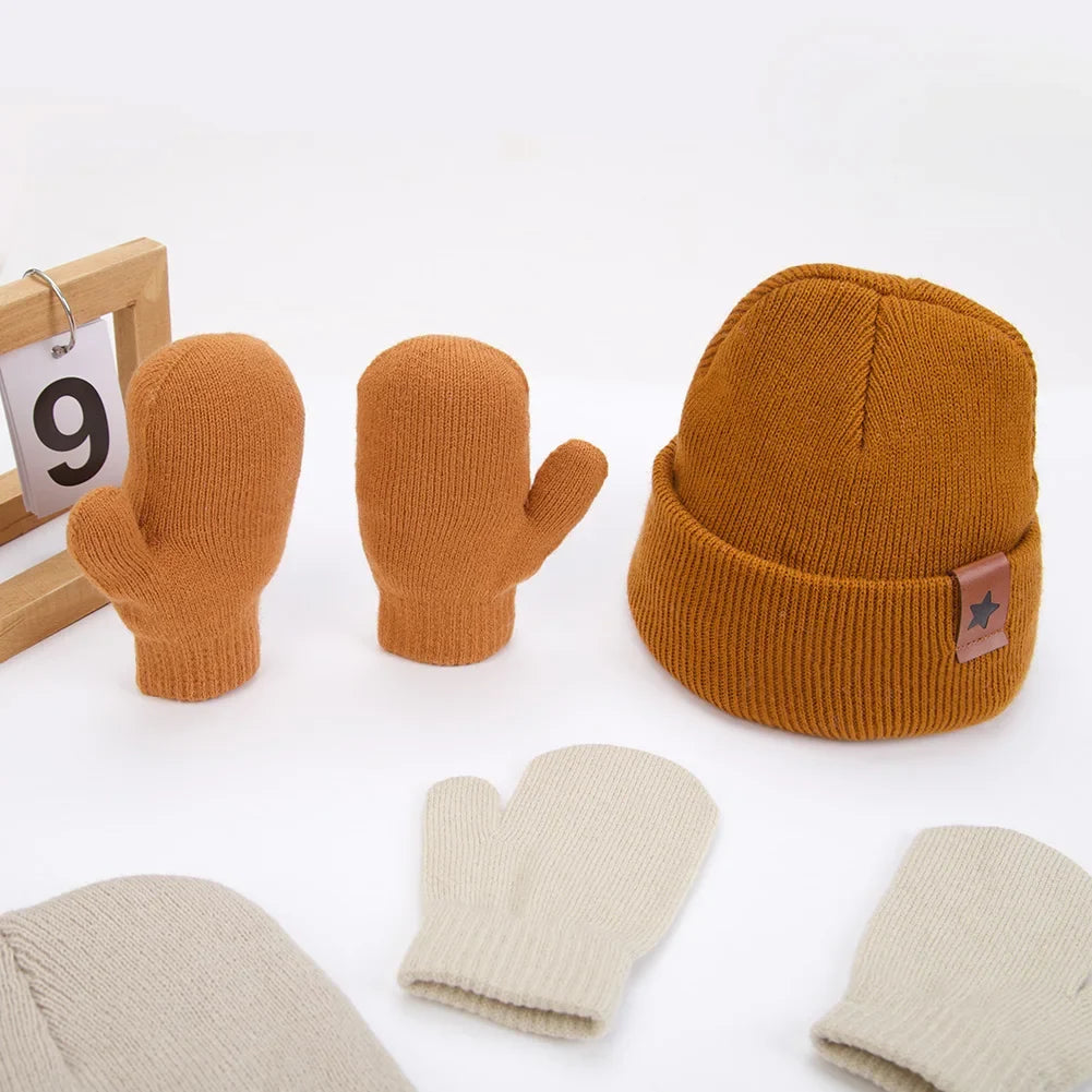 Baby Knitted Hat and Glove Set | Solid Winter Turban with Leather Star Tag