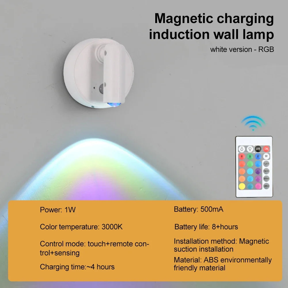 RGB Night Light | Magnetic Base USB Rechargeable LED Wall Lamp, Touch Switch
