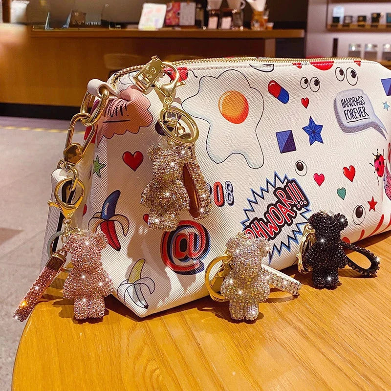 Cute Rhinestones Tassel Bear Keychain Couple Keychain Decoration Small Car Ring Student Bag Pendant