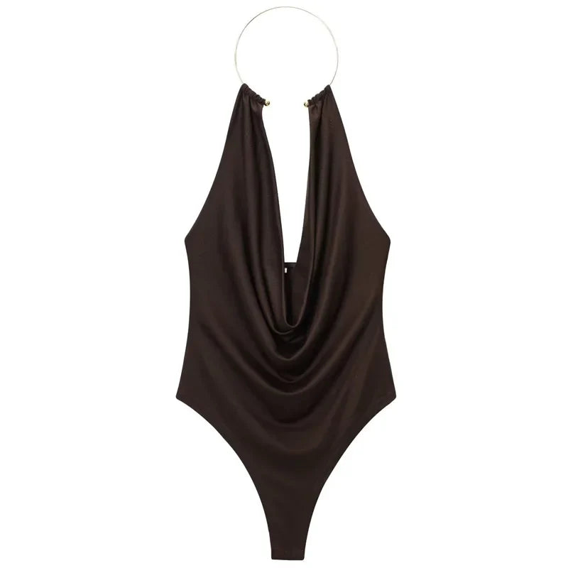 HXAO Brown Halter Bodysuit Women Summer Bodys For Sexy Women Off Shoulder Sleeveless Thong Bodysuit With Open Back Rave Bodysuit