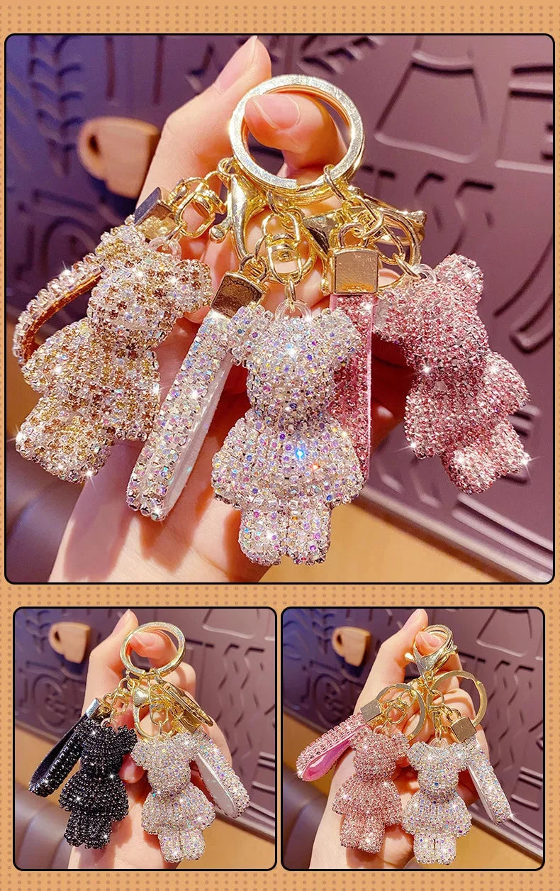 Cute Rhinestones Tassel Bear Keychain Couple Keychain Decoration Small Car Ring Student Bag Pendant