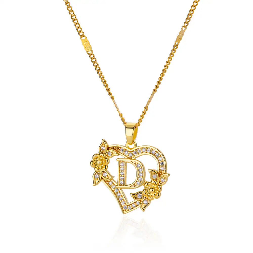Zircon Flower Heart Initial Necklace