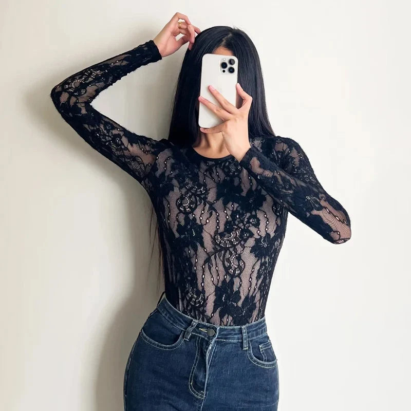 Women's Crew Neck Double Layer Long Sleeved Lace Bodysuit