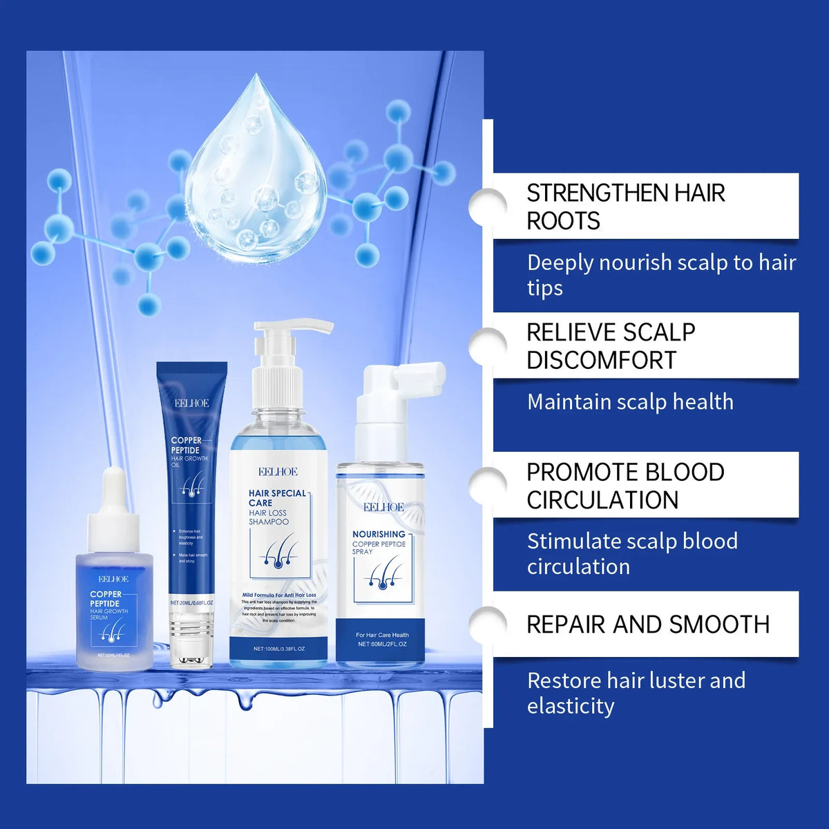 EELHOE Hyaluronic Acid Complete Hair Care Kit Anti Breakage Smoothing Soft Hair Deep Conditioning Castor Oil Hair Growth Serum