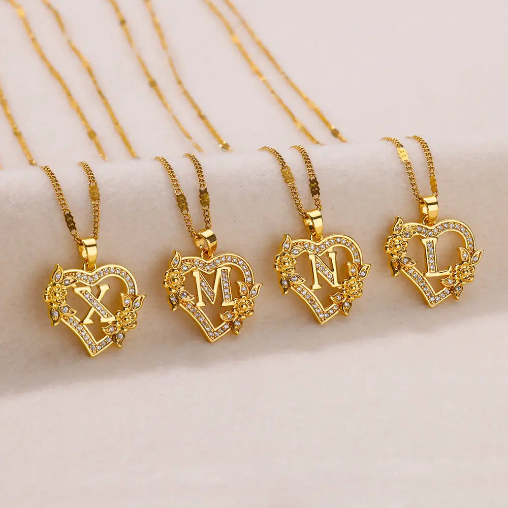 Zircon Flower Heart Initial Necklace