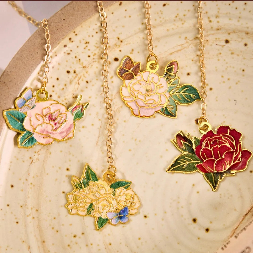 Retro Metal Aesthetic Rose Bookmark Pendant Chinese