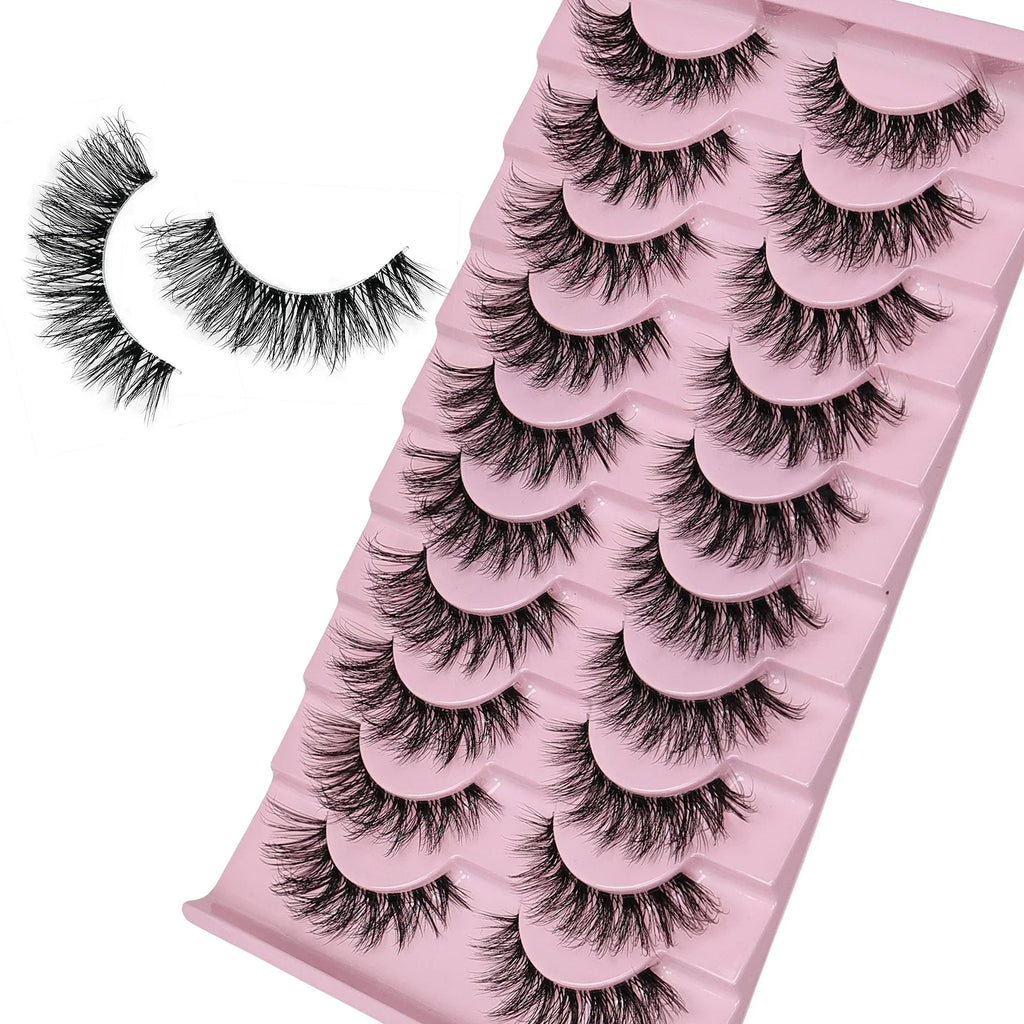 10 Pairs Natural Fluffy False Eyelashes Wispy Lashes | 3D Volume Strip Lashes D Curl Fake Eyelashes with Clear Band