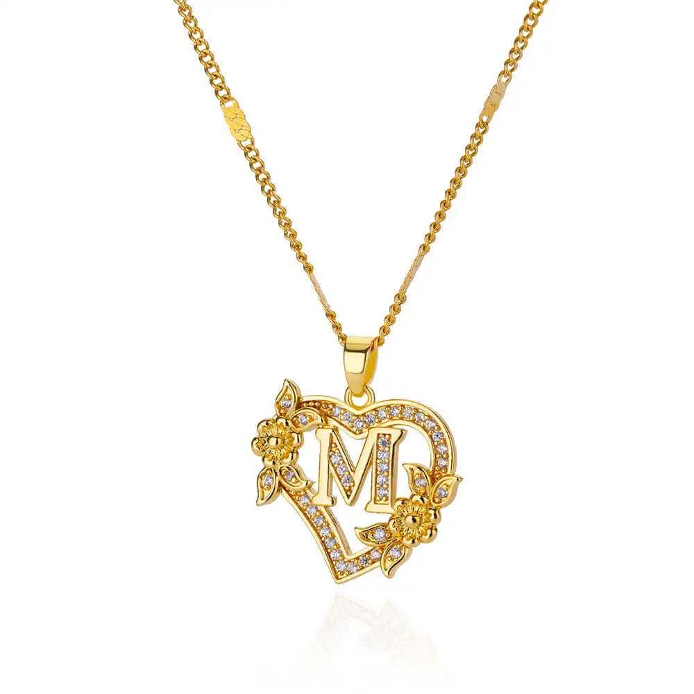Zircon Flower Heart Initial Necklace