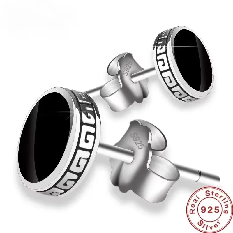 925 Silver Earrings Men Black Circle Single Simple Luxury Earring