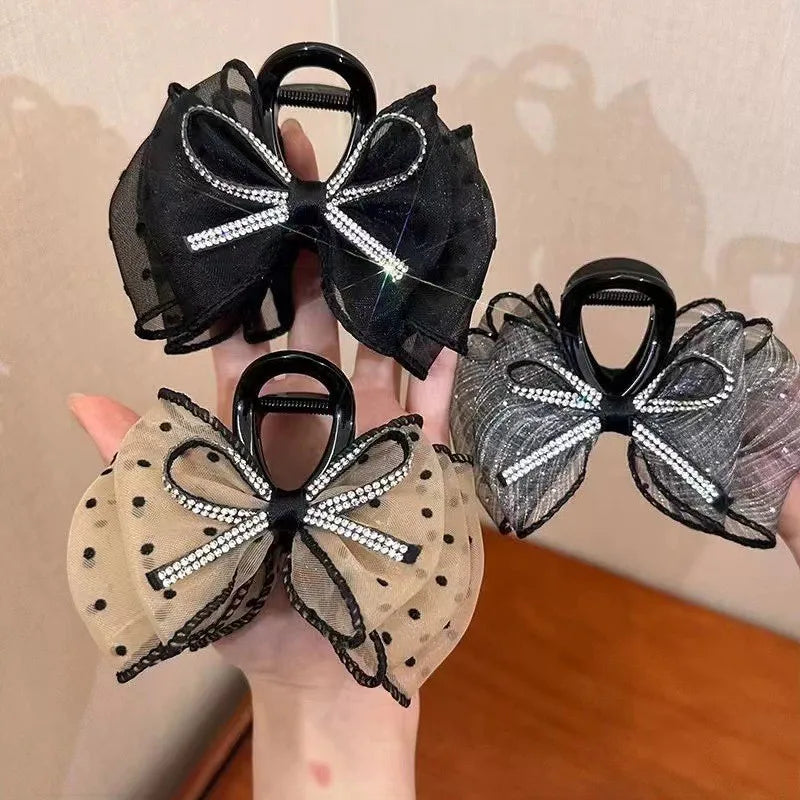 Mesh Bow Rhinestones Hair Clip