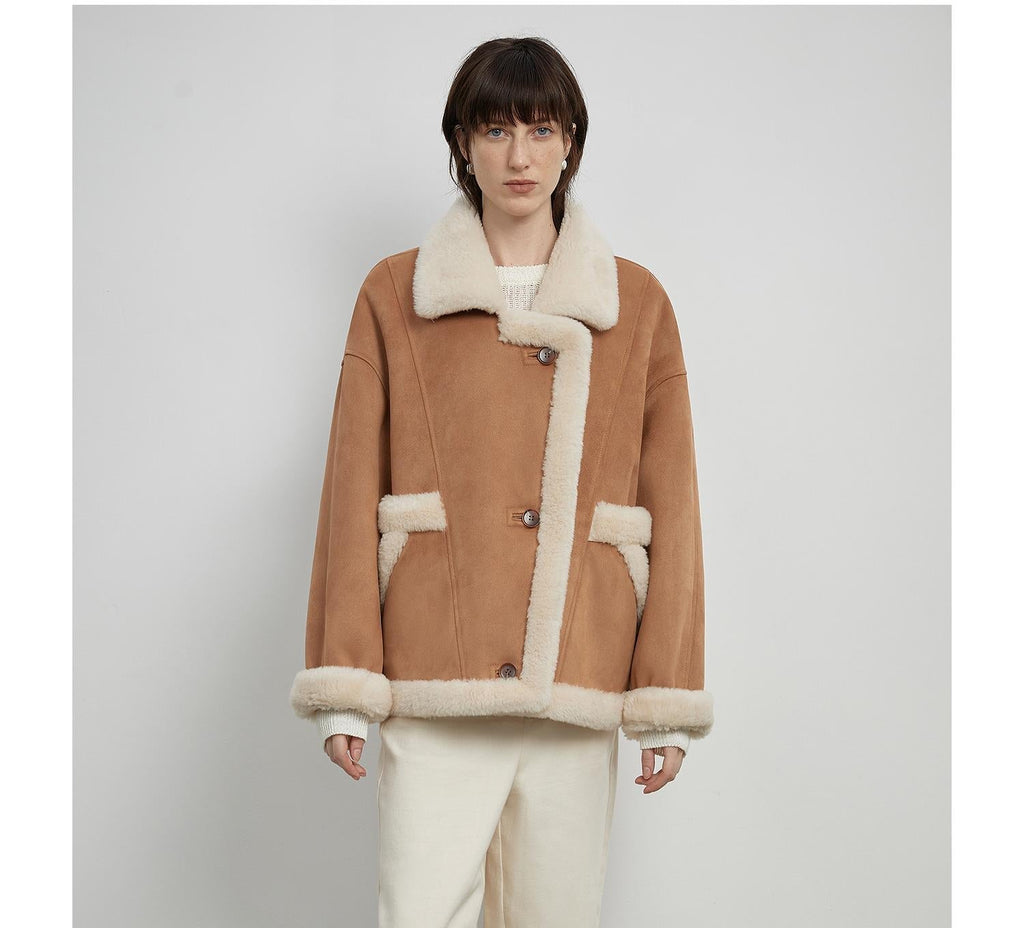 “Shepherds” Lapel biker wind wool artificial compound suede shearling coat  female