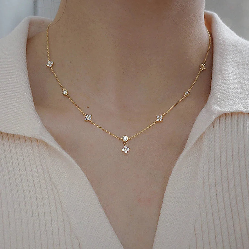 Zircon Four-Leaf Flower Chain Necklace