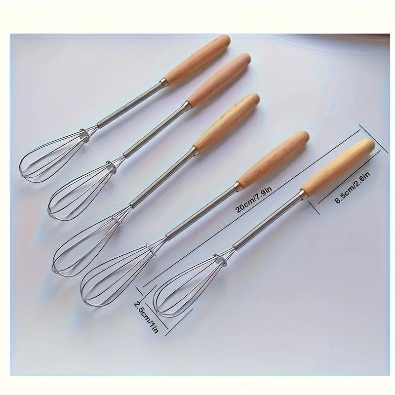 /3pcs Set of Whisks with Solid Wood Handles | Stainless Steel Kitchen Whisk and Cream Mixer