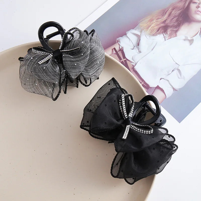 Mesh Bow Rhinestones Hair Clip
