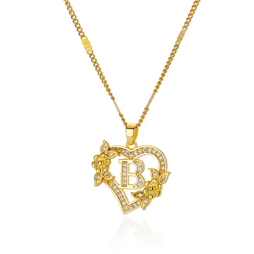 Zircon Flower Heart Initial Necklace