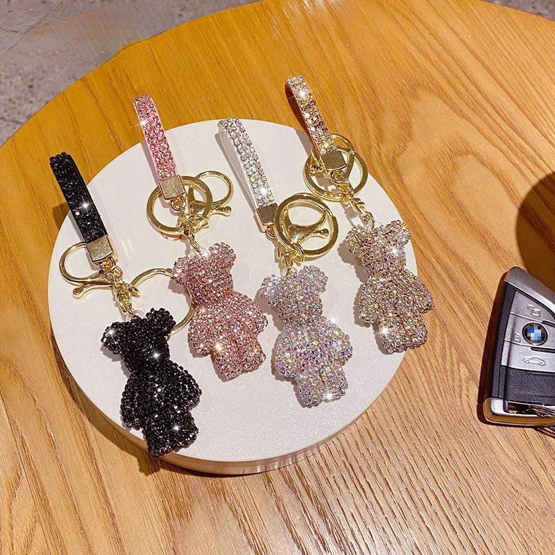 Cute Rhinestones Tassel Bear Keychain Couple Keychain Decoration Small Car Ring Student Bag Pendant