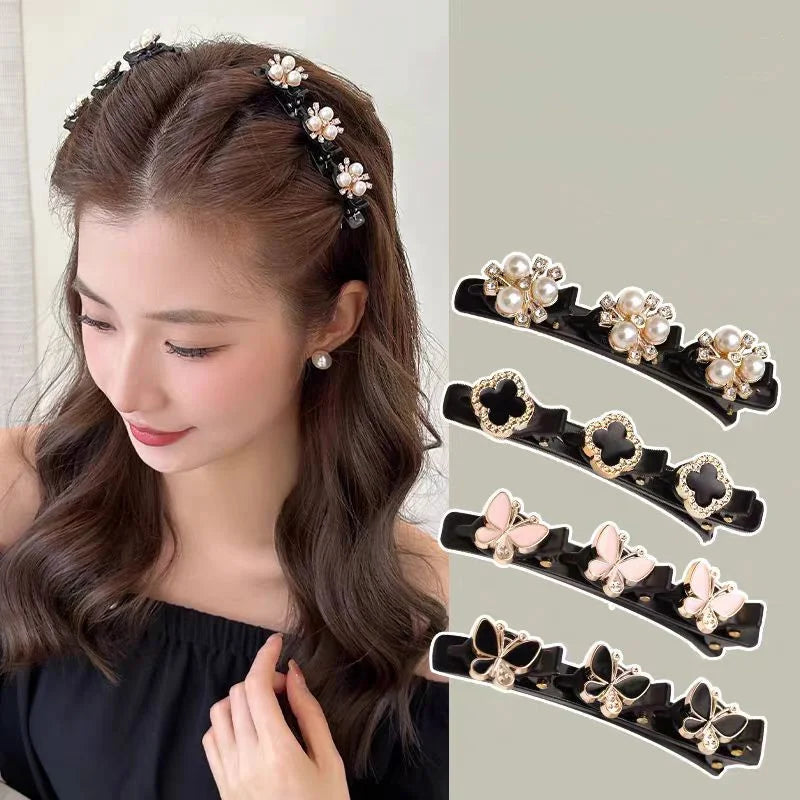 2pcs Korean Rhinestone Braided Hair Clip for Woman Temperament Duckbill