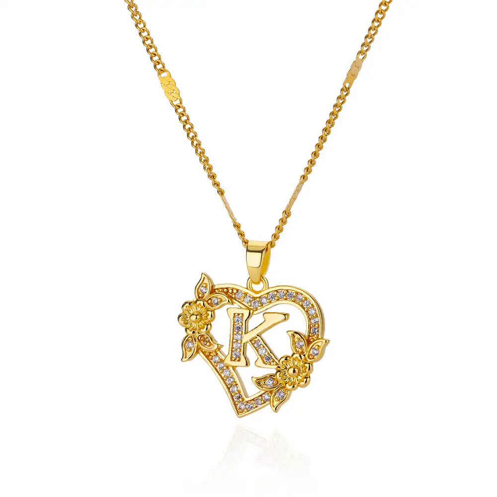 Zircon Flower Heart Initial Necklace