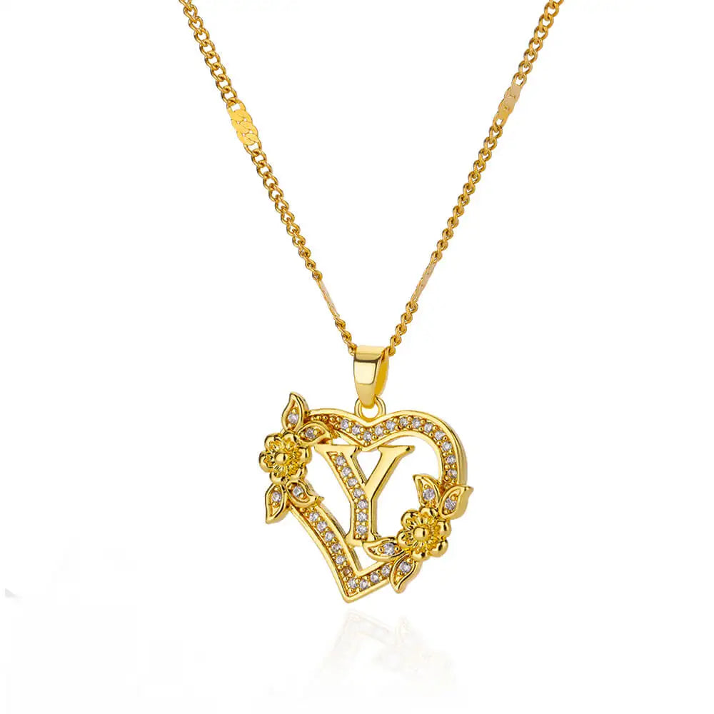Zircon Flower Heart Initial Necklace