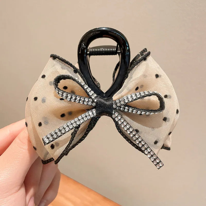 Mesh Bow Rhinestones Hair Clip