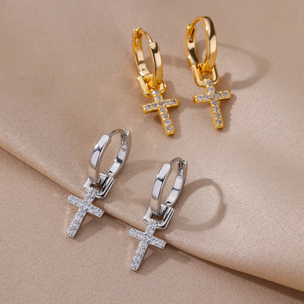 Zircon Cross Dangle Earrings