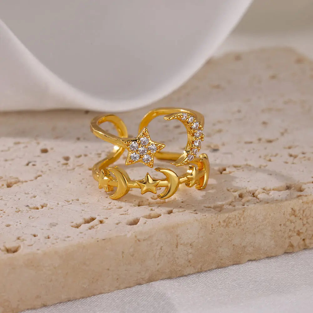 Zircon Star Moon Ring