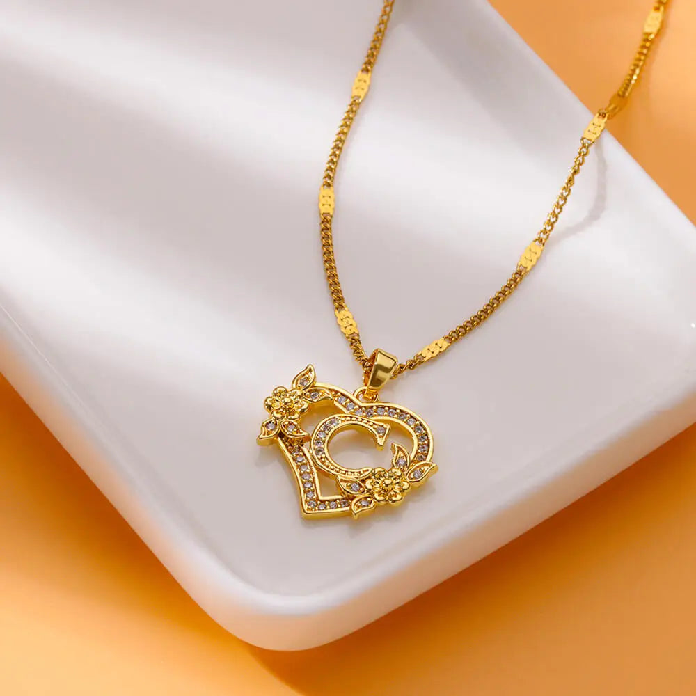 Zircon Flower Heart Initial Necklace