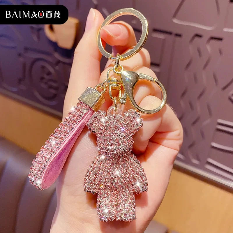 Cute Rhinestones Tassel Bear Keychain Couple Keychain Decoration Small Car Ring Student Bag Pendant
